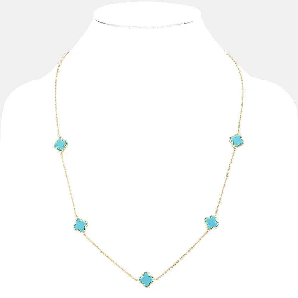 Turquoise Gold Dipped Brass Metal Quatrefoil Station Necklace - Jewelry Store by Erik Rayo
