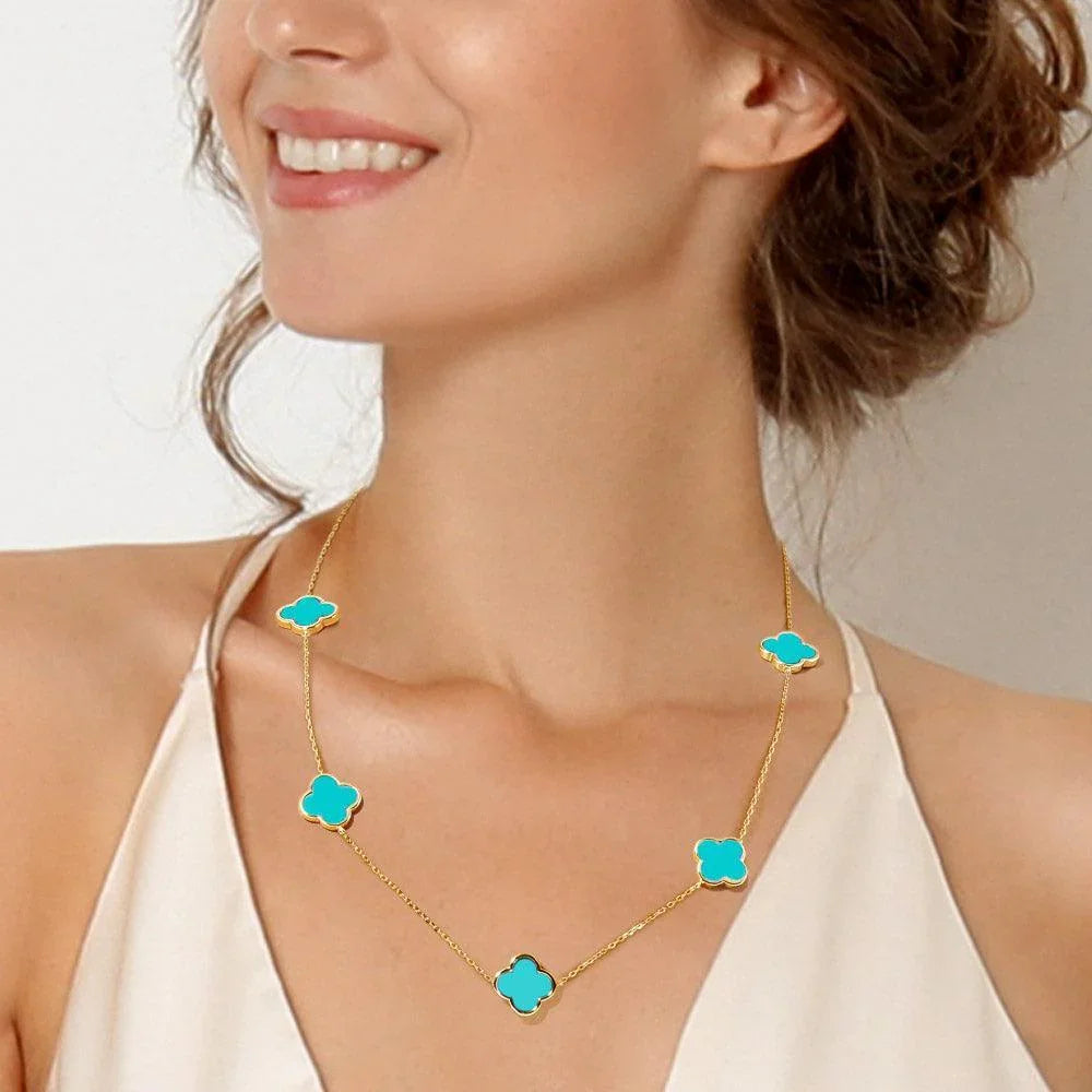 Turquoise Gold Dipped Brass Metal Quatrefoil Station Necklace - Jewelry Store by Erik Rayo