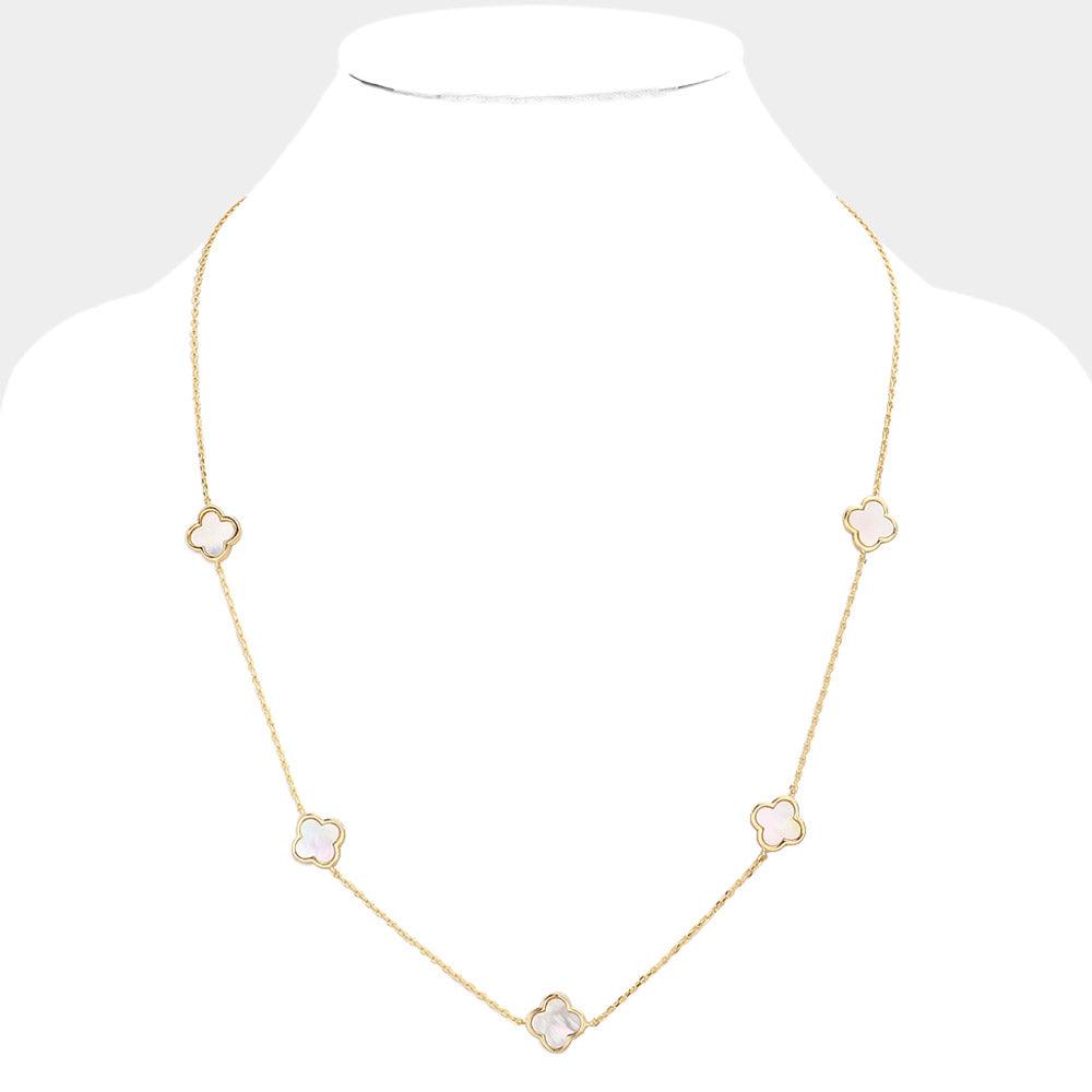 White Gold Dipped Brass Metal Quatrefoil Station Necklace