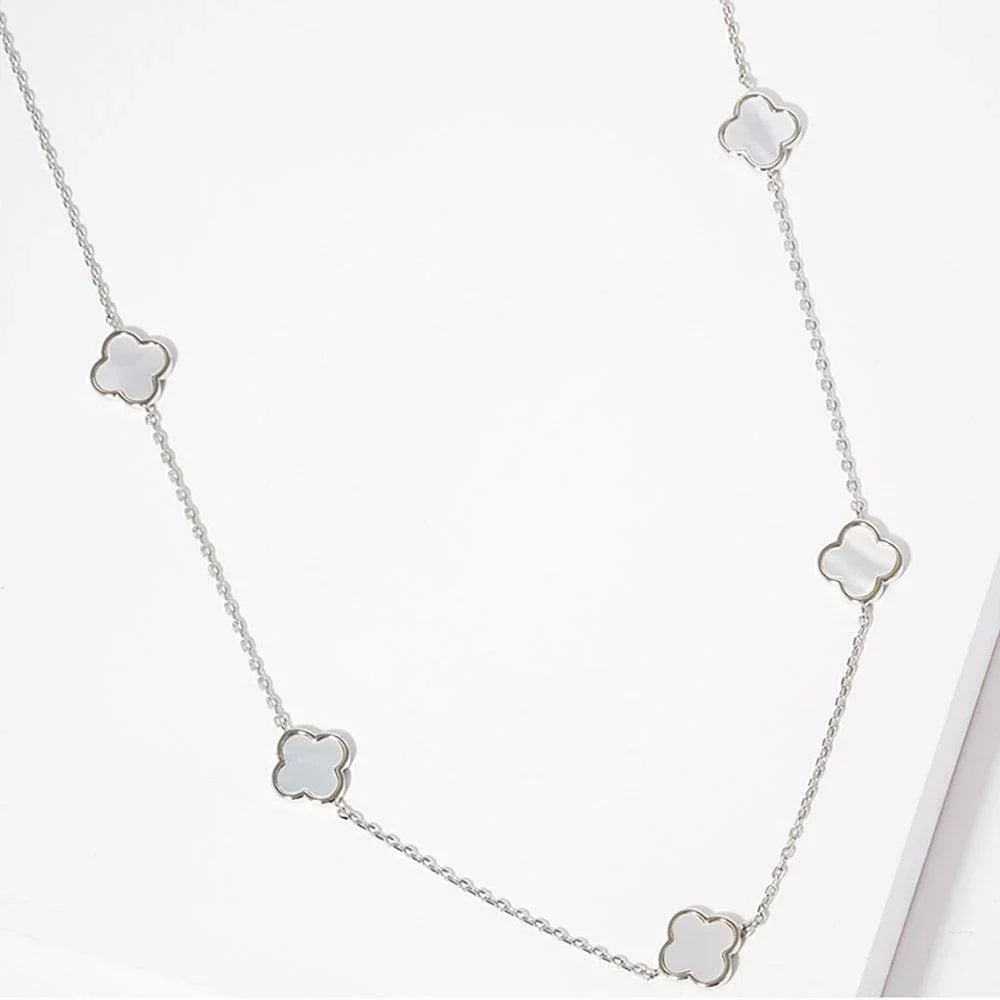 White Gold Dipped Brass Metal Quatrefoil Station Necklace - Jewelry Store by Erik Rayo