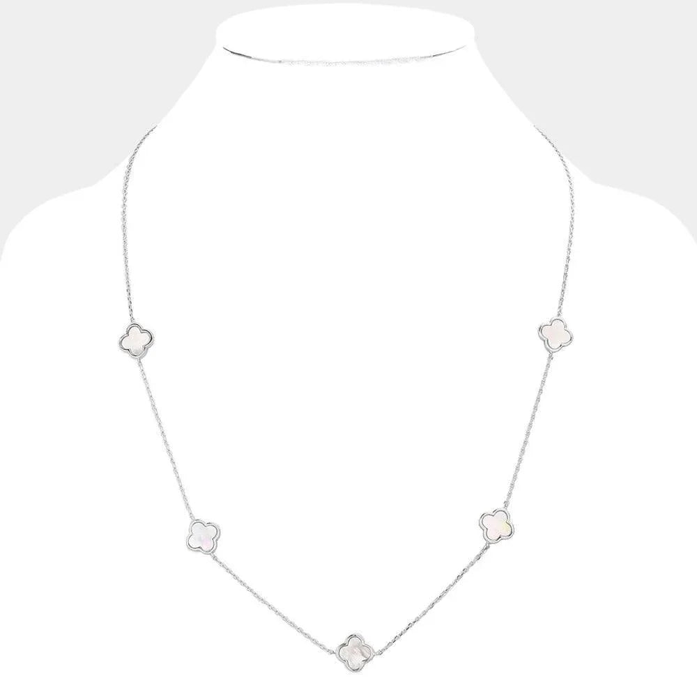 White Gold Dipped Brass Metal Quatrefoil Station Necklace - Jewelry Store by Erik Rayo
