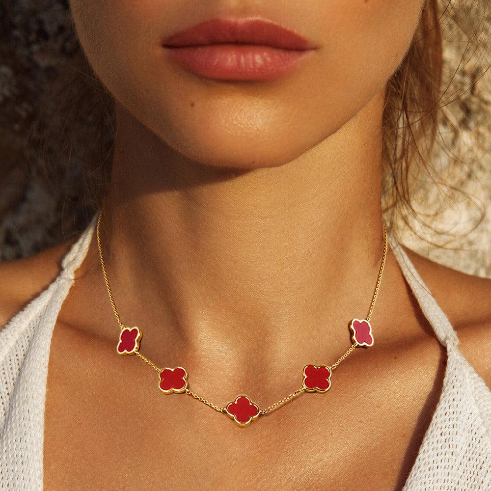 Red Gold Dipped Quatrefoil Station Necklace