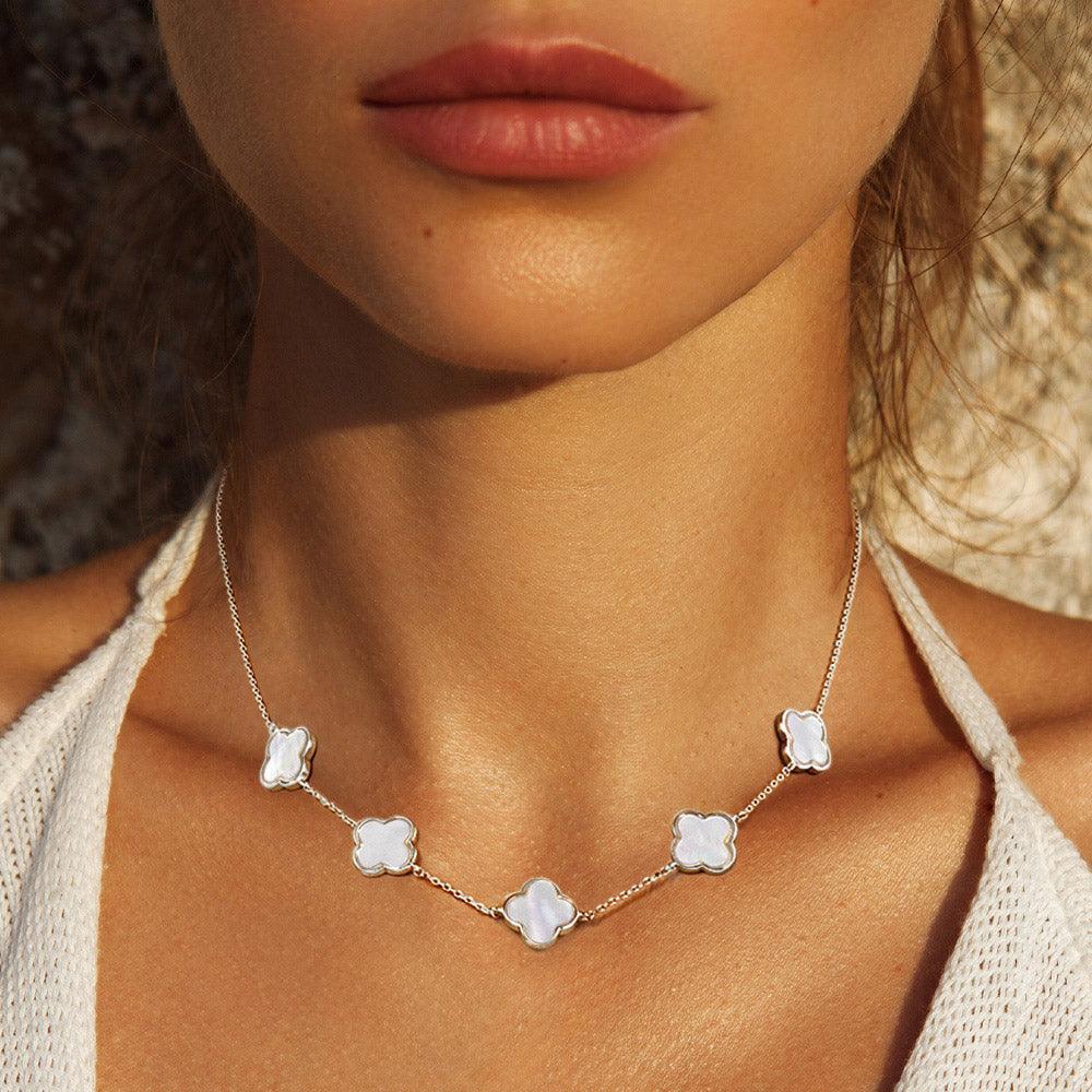Gold White Gold Dipped Mother of Pearl Quatrefoil Station Necklace - Jewelry Store by Erik Rayo