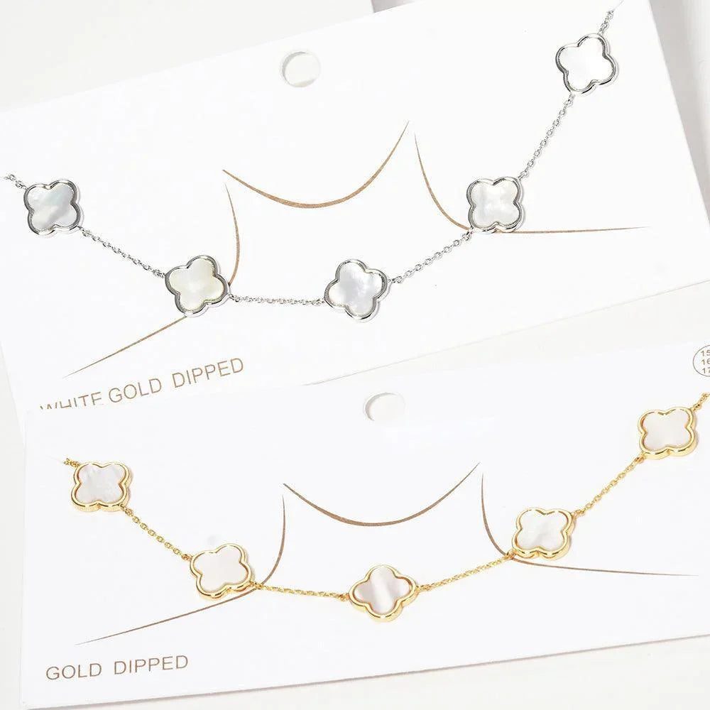 Gold White Gold Dipped Mother of Pearl Quatrefoil Station Necklace - Jewelry Store by Erik Rayo