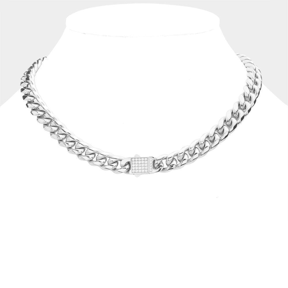 Stainless Steel CZ Embellished Metal Chain Link Necklace - Jewelry Store by Erik Rayo