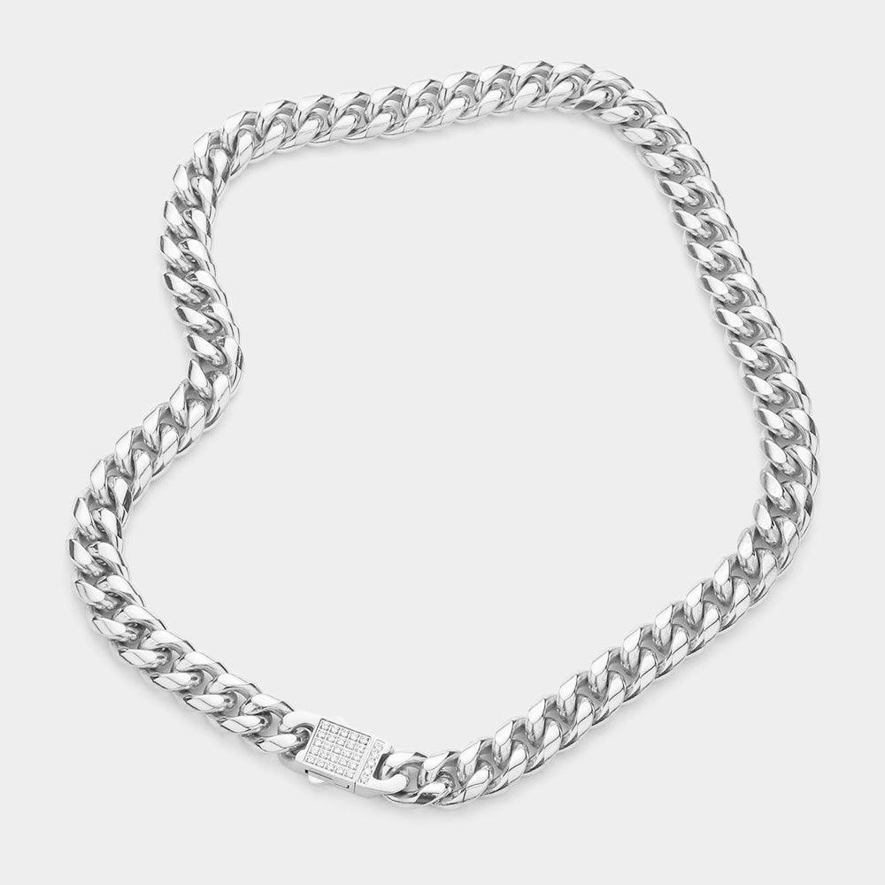 Stainless Steel CZ Embellished Metal Chain Link Necklace - Jewelry Store by Erik Rayo