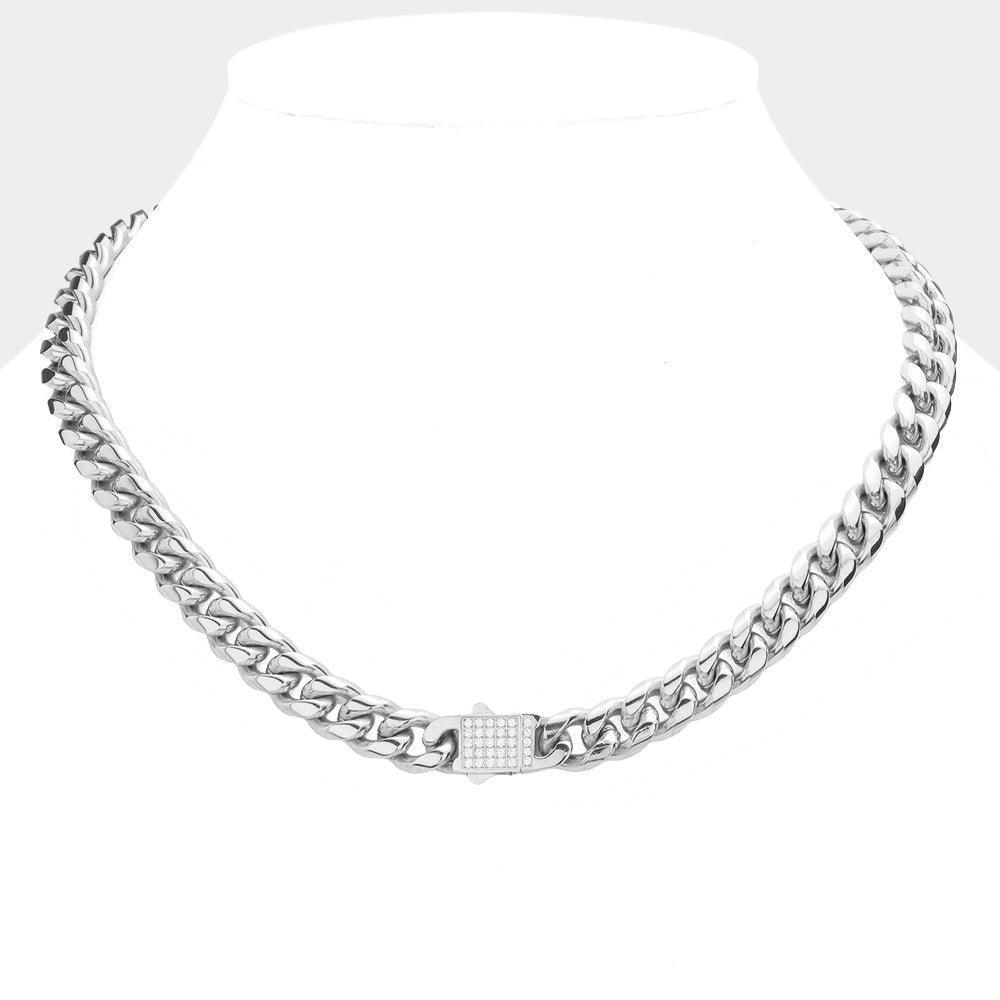 Stainless Steel CZ Embellished Metal Chain Link Necklace - Jewelry Store by Erik Rayo
