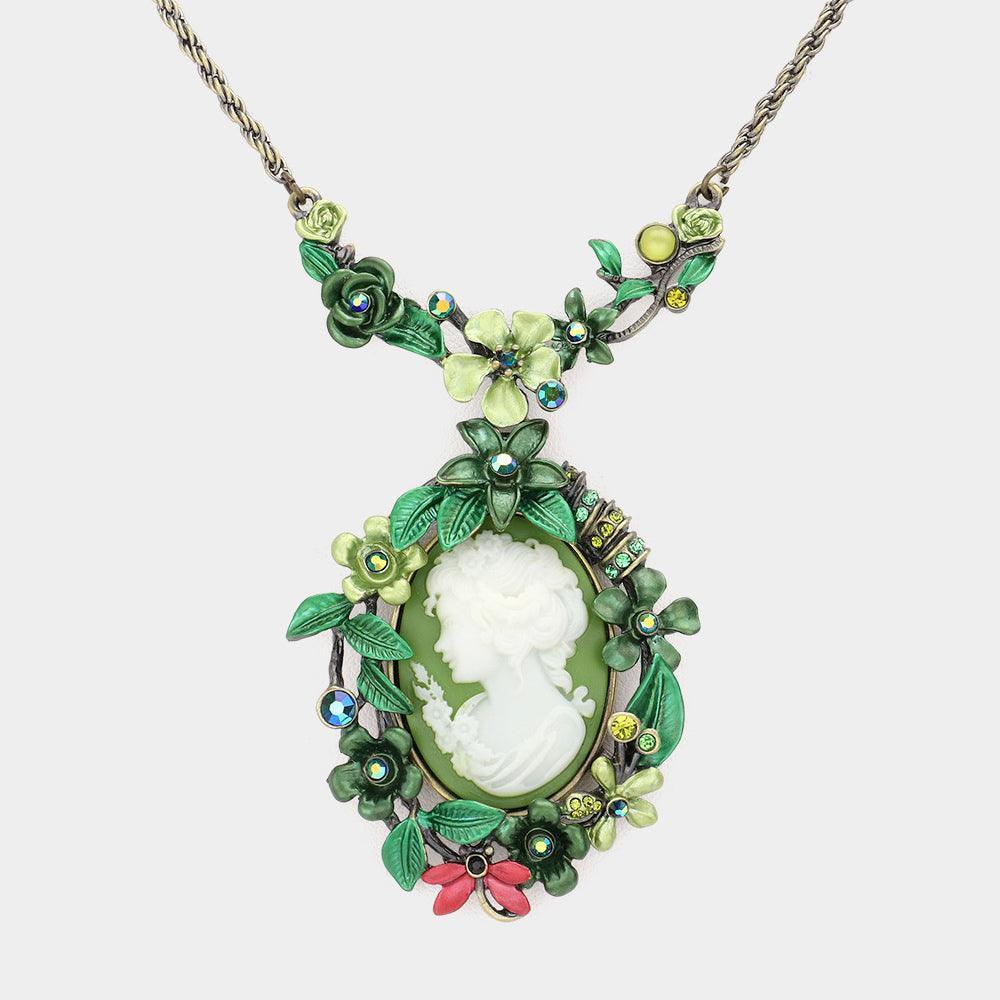 Green Cameo Centered Floral Pendant Necklace - Jewelry Store by Erik Rayo