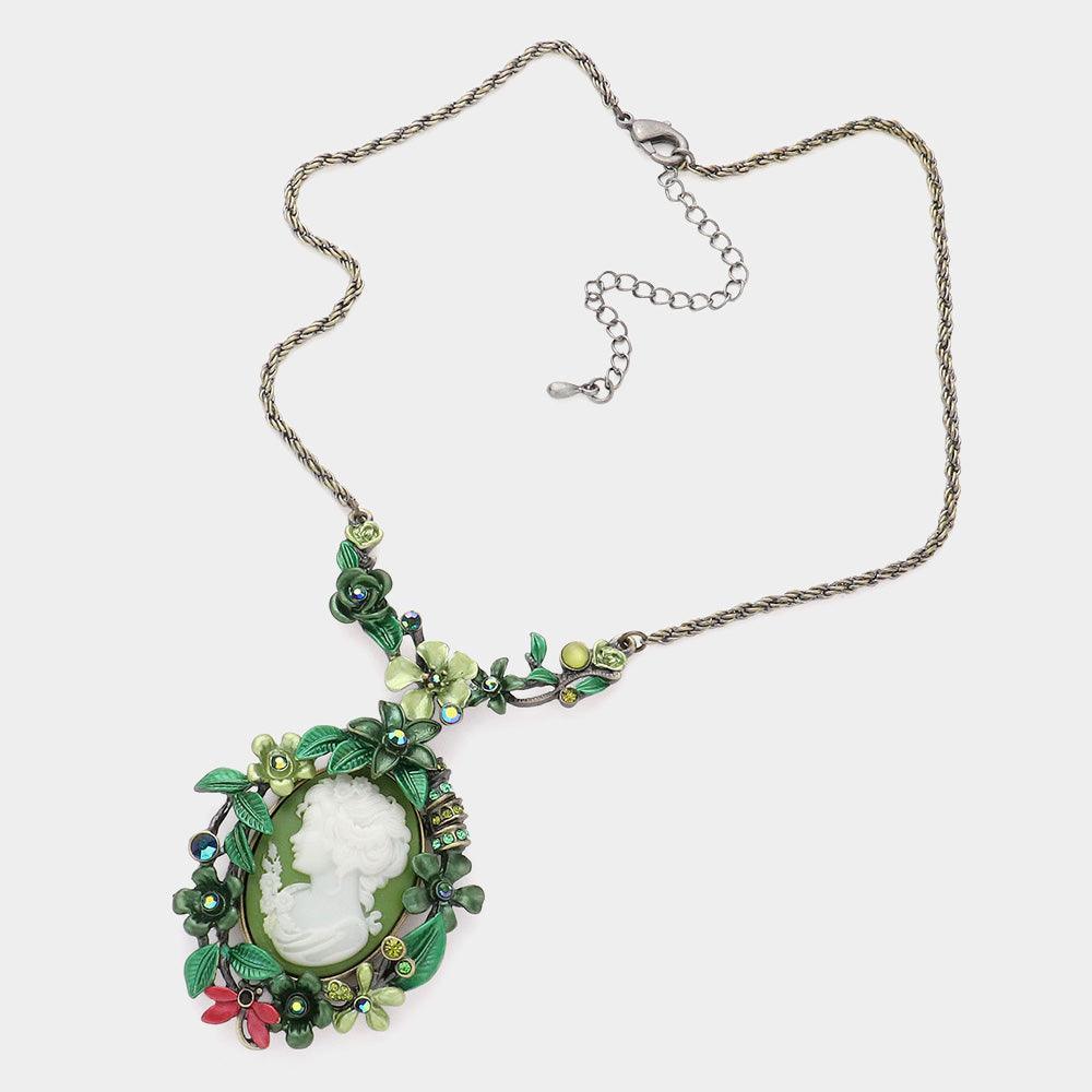 Green Cameo Centered Floral Pendant Necklace - Jewelry Store by Erik Rayo
