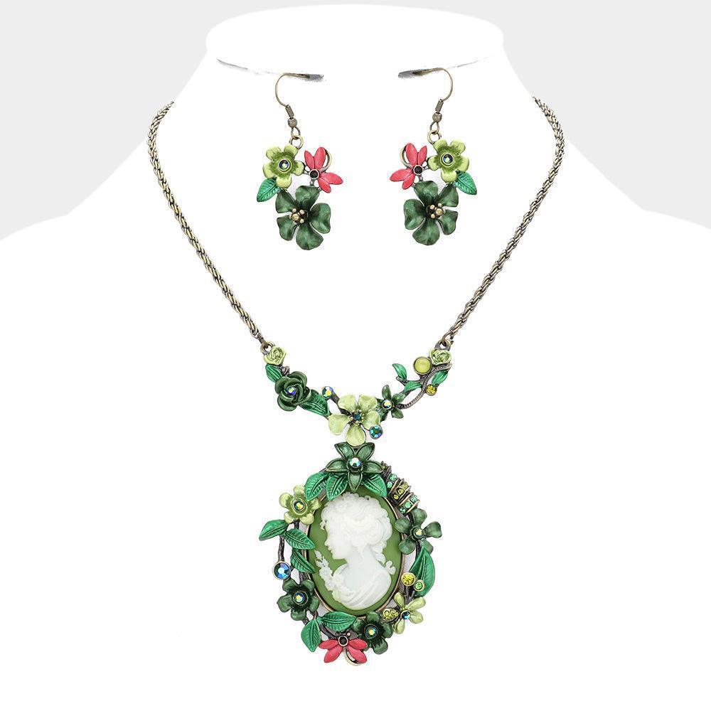 Green Cameo Centered Floral Pendant Necklace - Jewelry Store by Erik Rayo