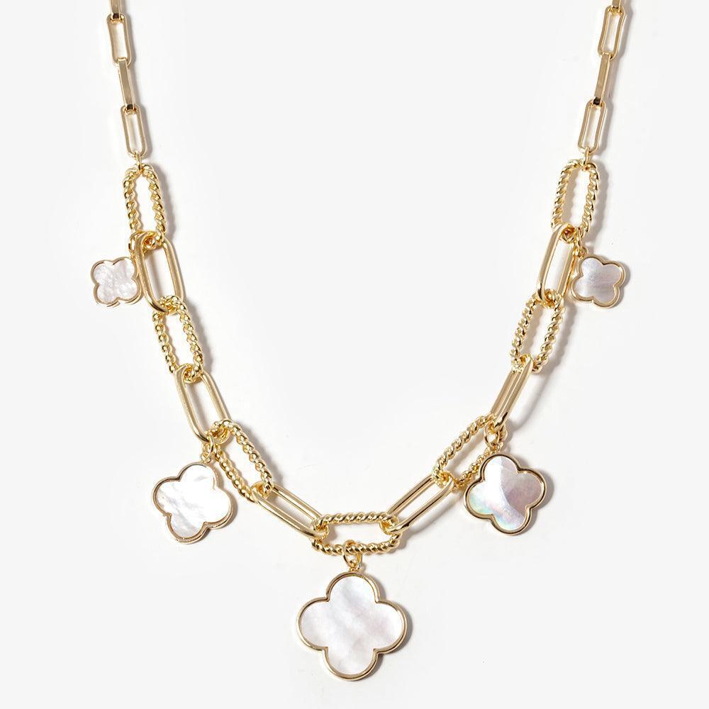White Gold Dipped Mother Of Pearl Multi Quatrefoil Pendant Necklace - Jewelry Store by Erik Rayo