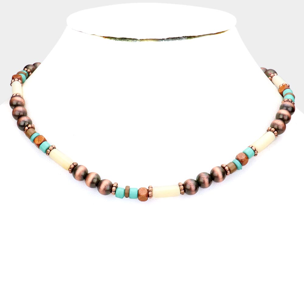 Turquoise Burnished Metal Ball Wood Beaded Necklace