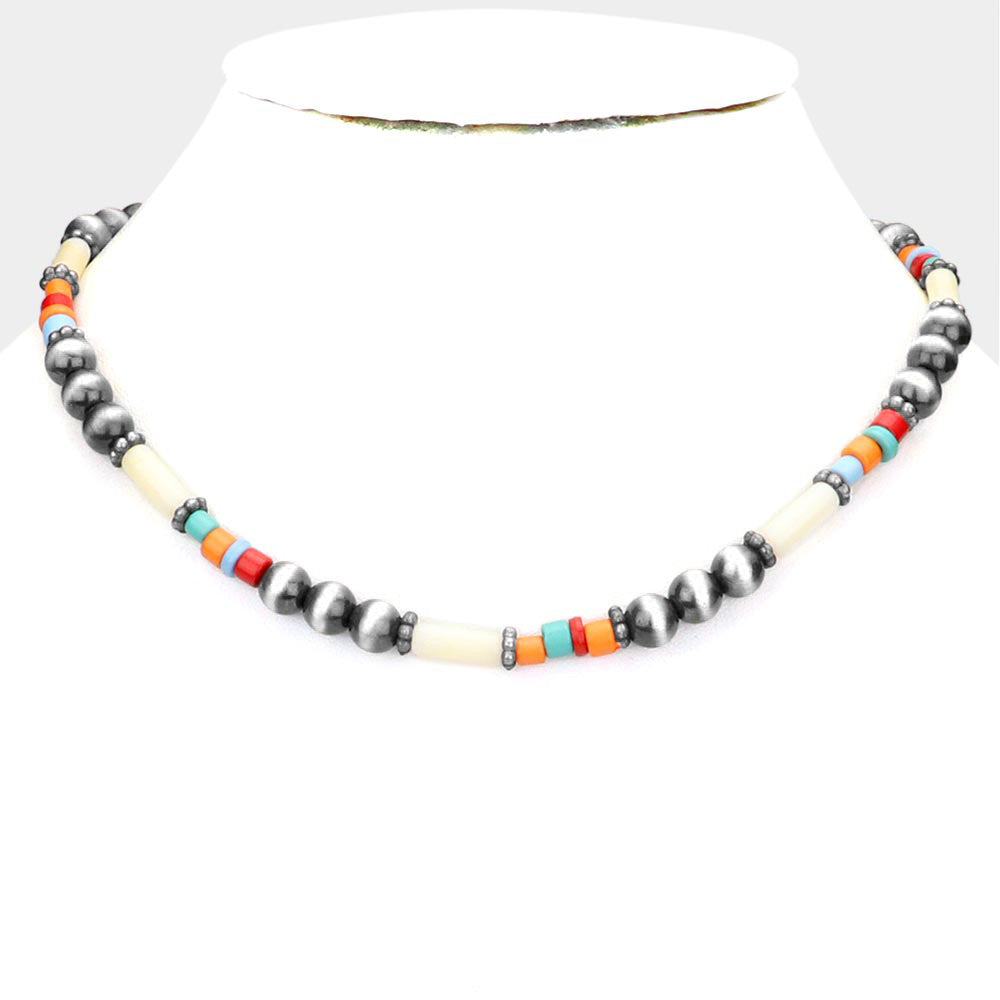 Silver Burnished Metal Ball Beaded Necklace