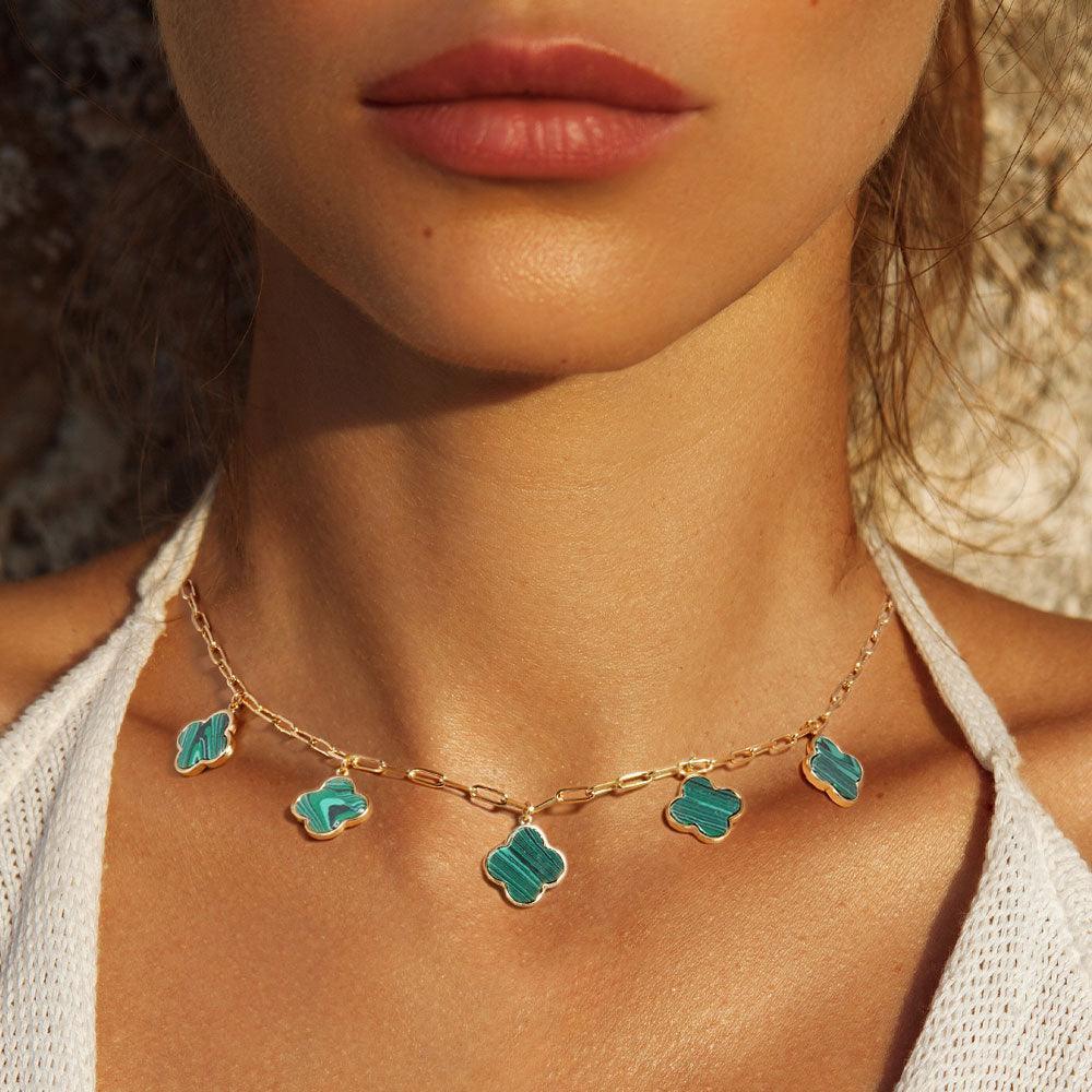 Green Gold Dipped Quatrefoil Pendant Station Necklace - Jewelry Store by Erik Rayo