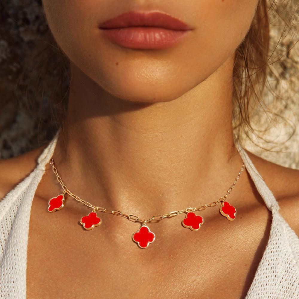 Red Gold Dipped Quatrefoil Pendant Station Necklace - Jewelry Store by Erik Rayo