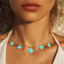 Load image into Gallery viewer, Turquoise Gold Dipped Quatrefoil Pendant Station Necklace
