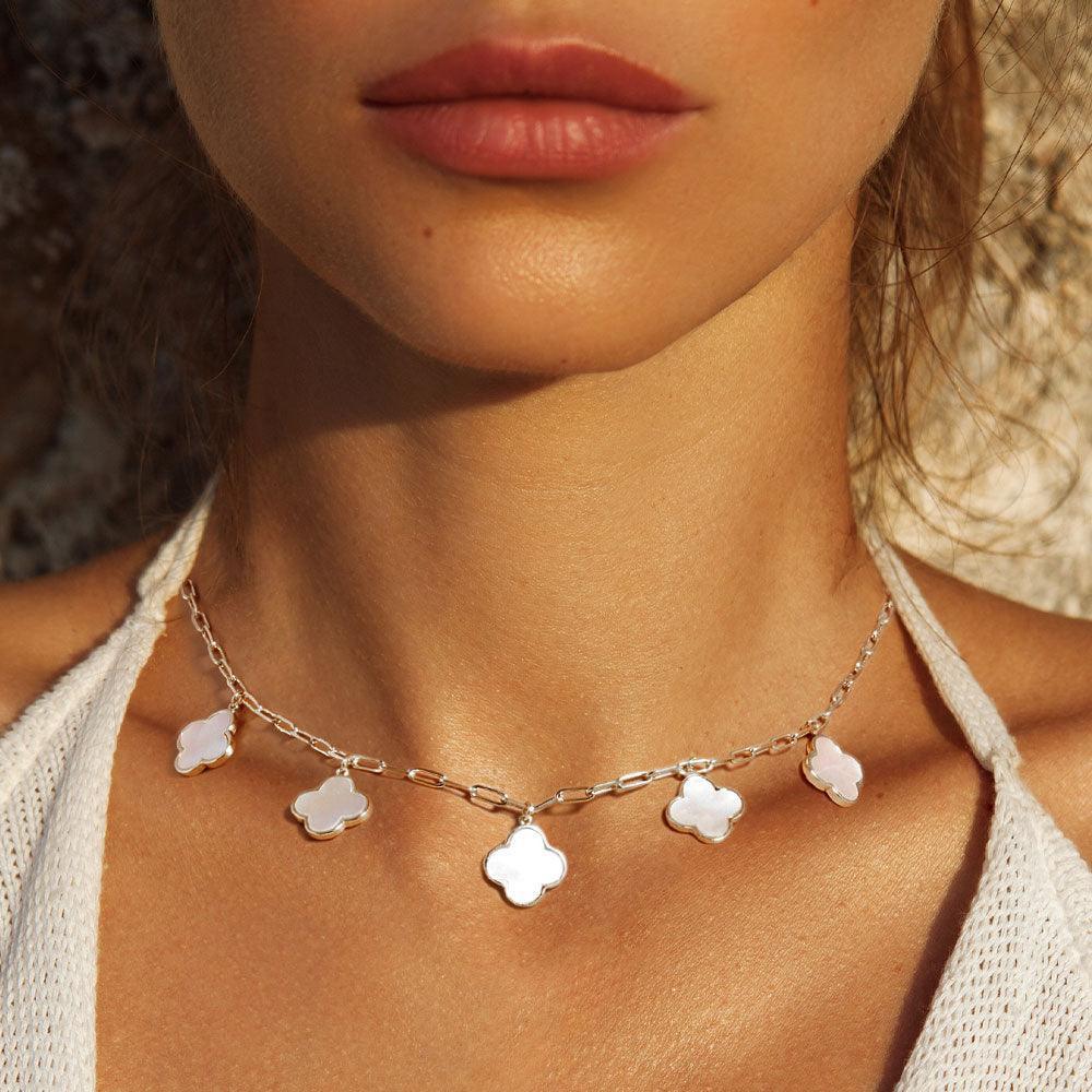 White White Gold Dipped Quatrefoil Pendant Station Necklace - Jewelry Store by Erik Rayo