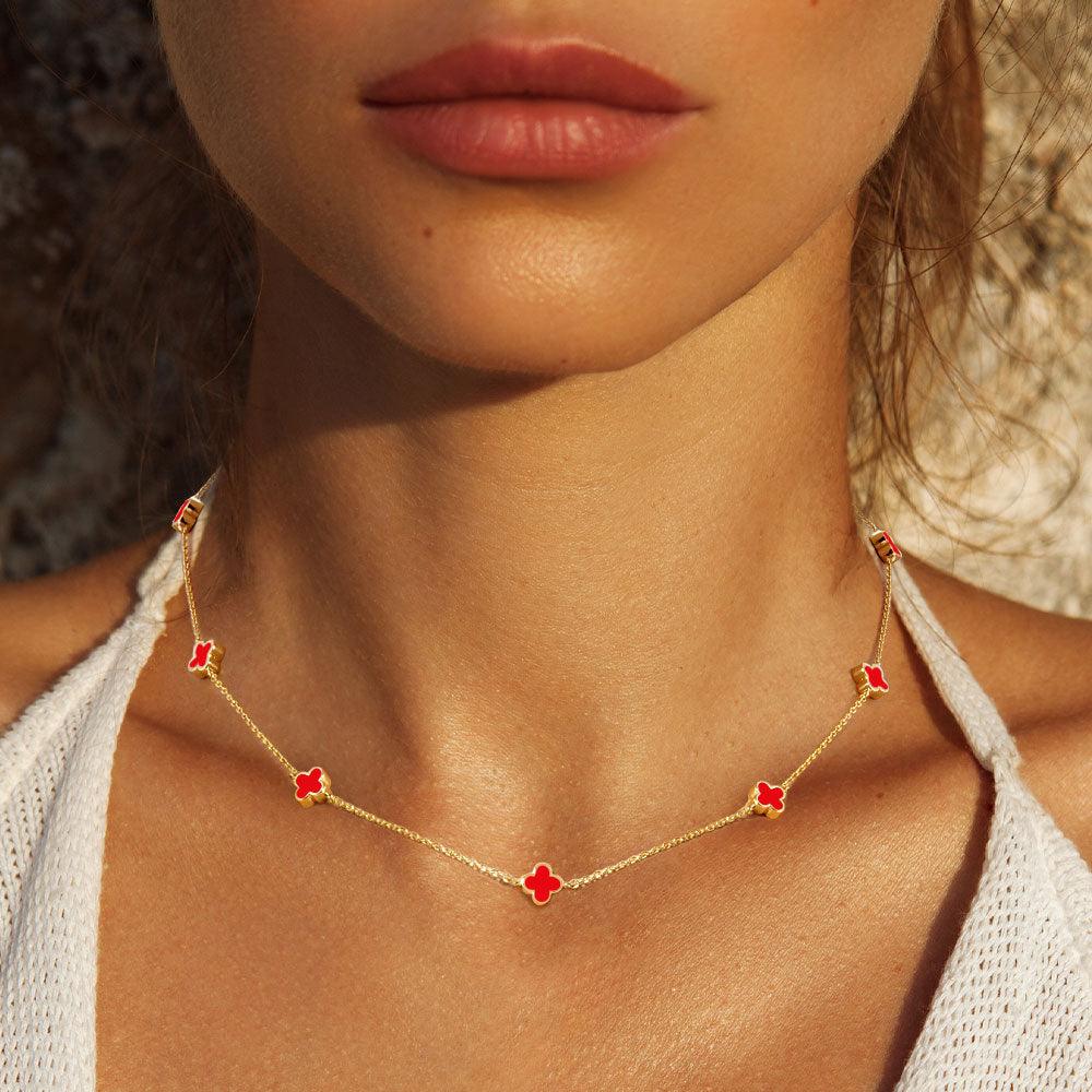 Red Gold Dipped Quatrefoil Station Necklace