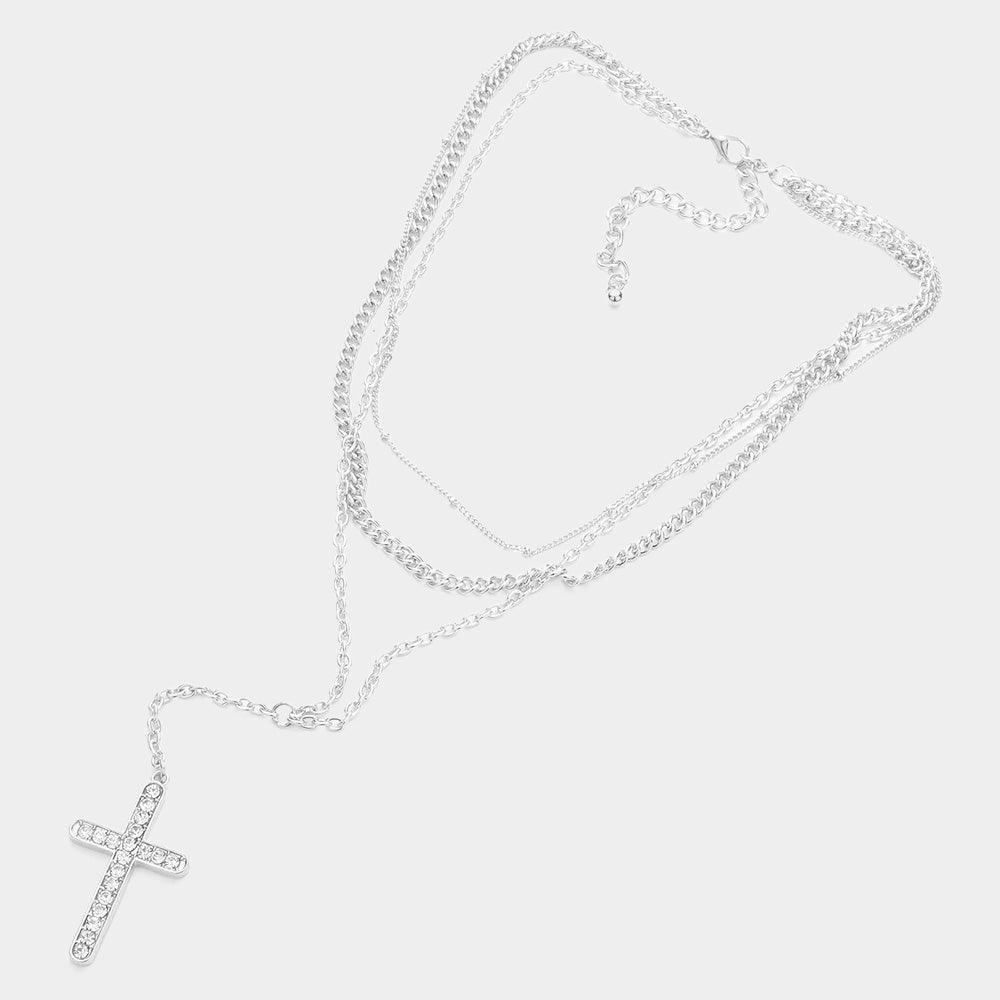 Stone Embellished Cross Pendant Triple Layered Necklace - Jewelry Store by Erik Rayo