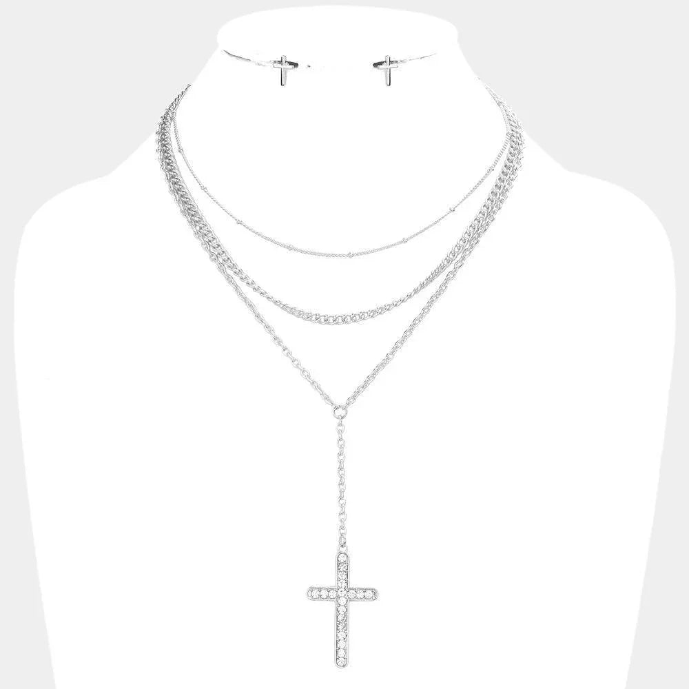 Stone Embellished Cross Pendant Triple Layered Necklace - Jewelry Store by Erik Rayo