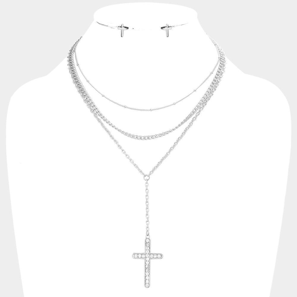 Stone Embellished Cross Pendant Triple Layered Necklace