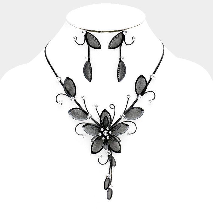 Clear Stone Mesh Flower Leaf Bib Necklace