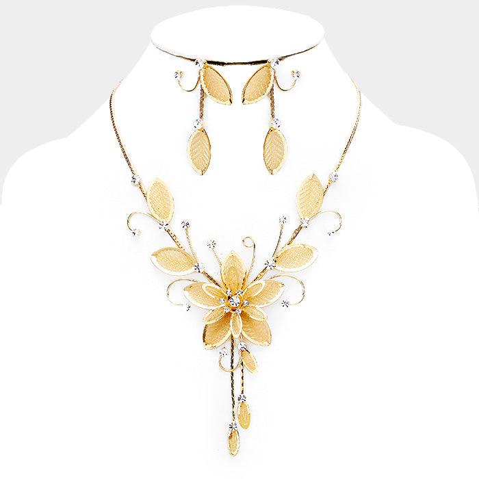 Gold Stone Mesh Flower Leaf Bib Necklace