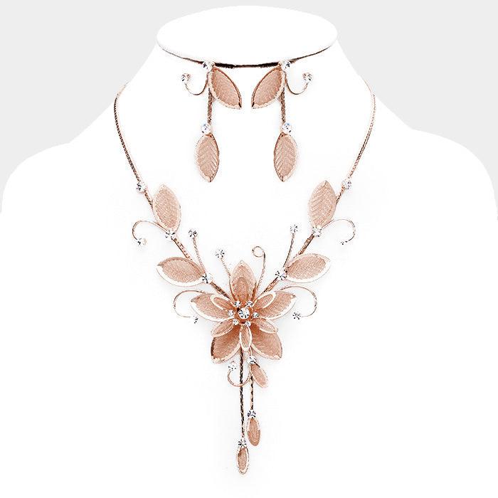 Rose Gold Stone Mesh Flower Leaf Bib Necklace