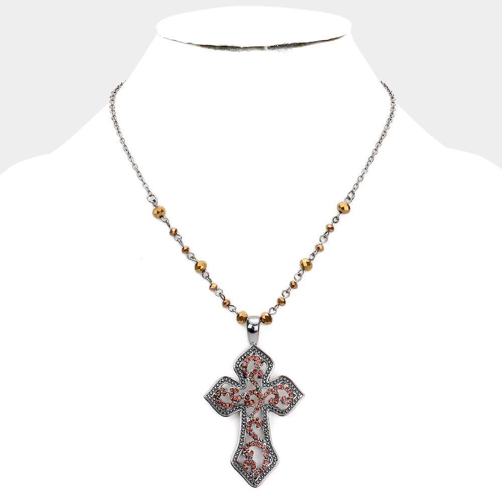 Hematite Rhinestone Embellished Metal Cross Pendant Necklace