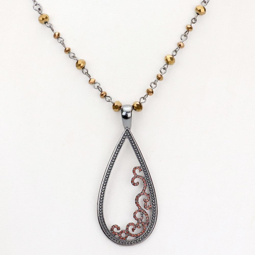 Hematite Rhinestone Embellished Open Metal Teardrop Pendant Necklace - Jewelry Store by Erik Rayo