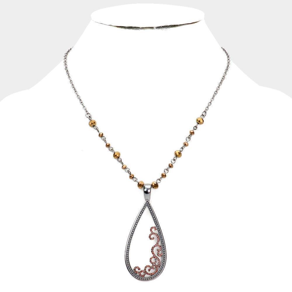 Hematite Rhinestone Embellished Open Metal Teardrop Pendant Necklace - Jewelry Store by Erik Rayo