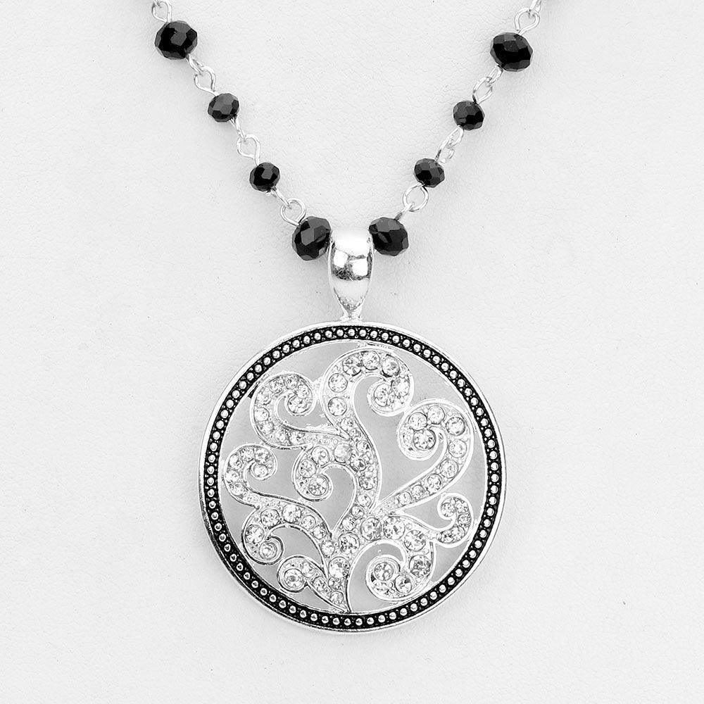 Silver Rhinestone Embellished Metal Round Pendant Necklace - Jewelry Store by Erik Rayo