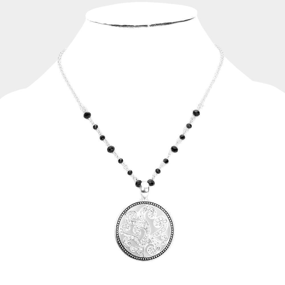 Silver Rhinestone Embellished Metal Round Pendant Necklace - Jewelry Store by Erik Rayo