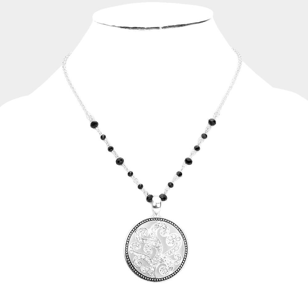 Silver Rhinestone Embellished Metal Round Pendant Necklace