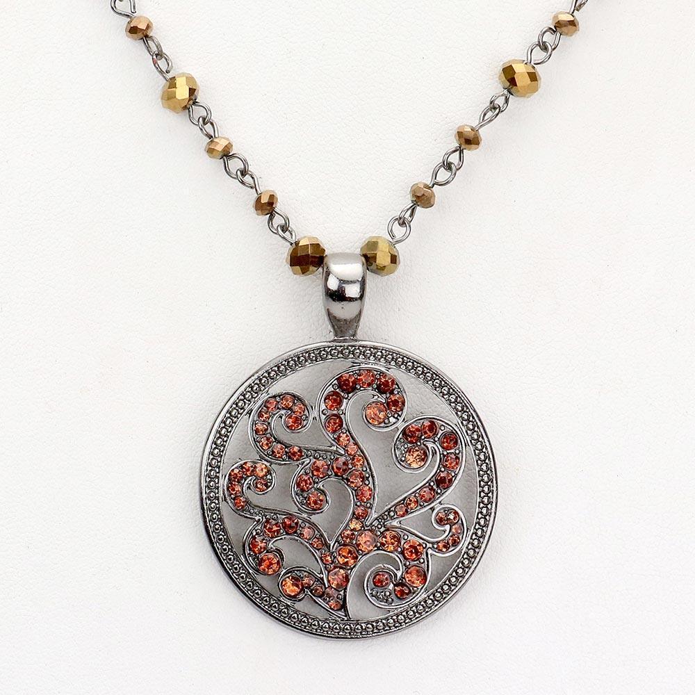 Hematite Rhinestone Embellished Metal Round Pendant Necklace - Jewelry Store by Erik Rayo