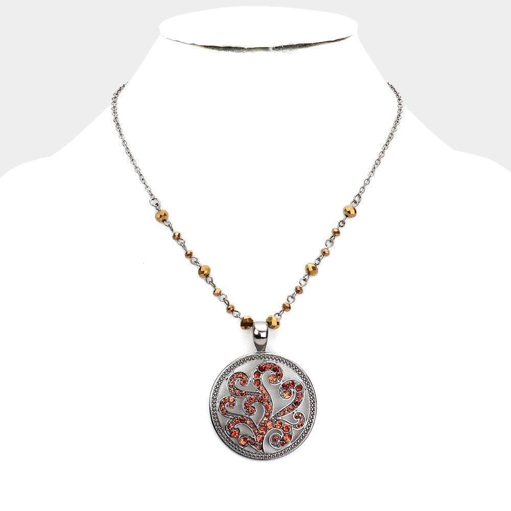 Hematite Rhinestone Embellished Metal Round Pendant Necklace - Jewelry Store by Erik Rayo