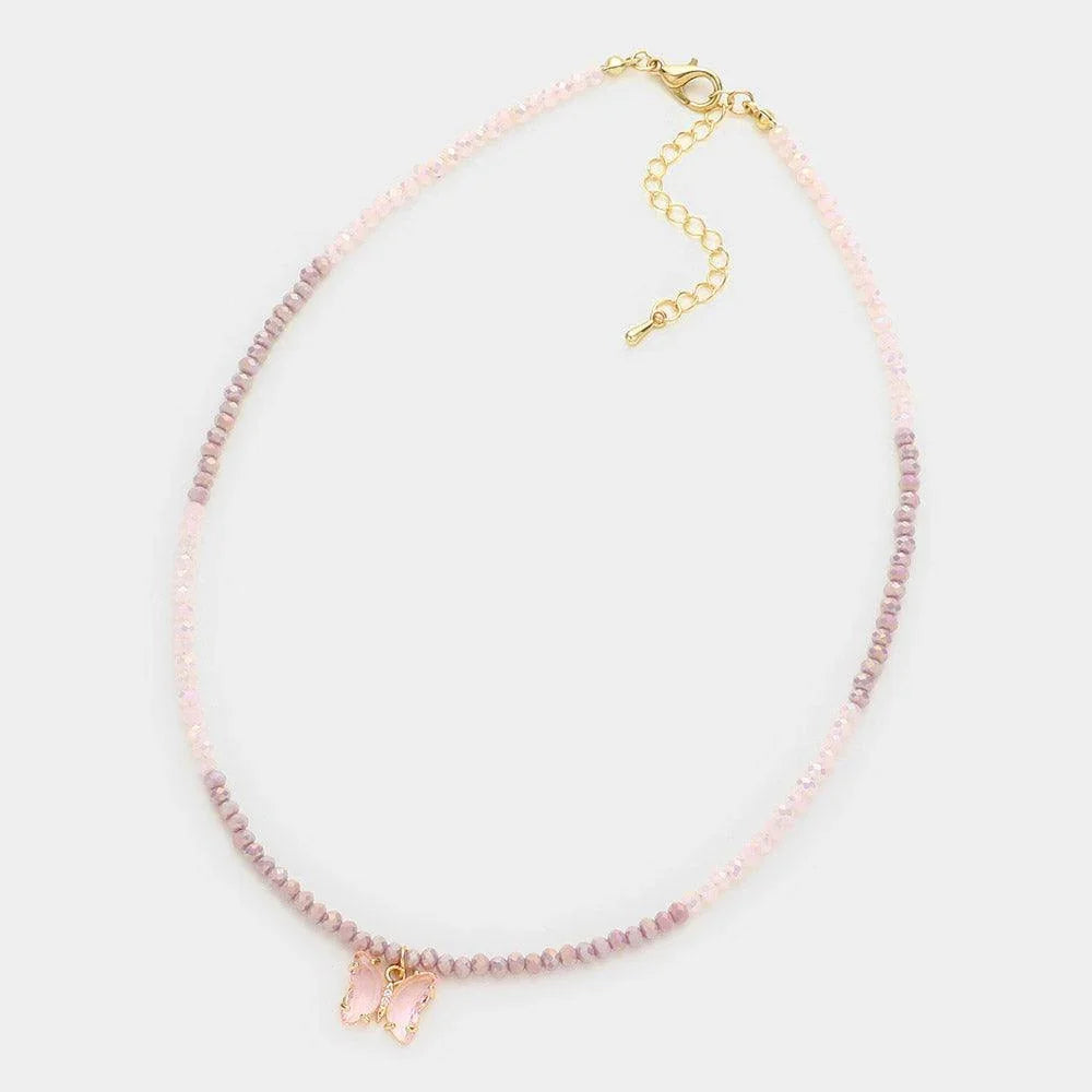 Pink Butterfly Pendant Faceted Beaded Necklace - Jewelry Store by Erik Rayo