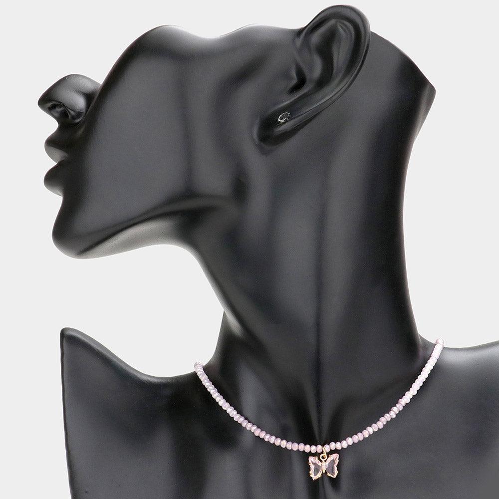 Pink Butterfly Pendant Faceted Beaded Necklace - Jewelry Store by Erik Rayo
