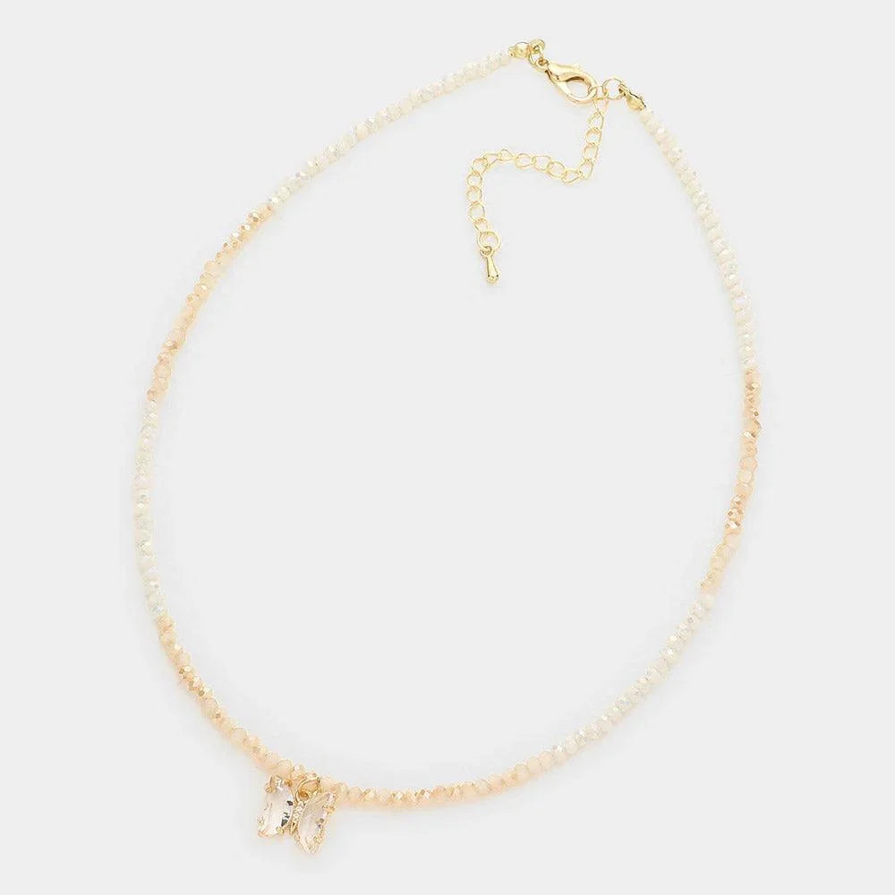 White Butterfly Pendant Faceted Beaded Necklace - Jewelry Store by Erik Rayo