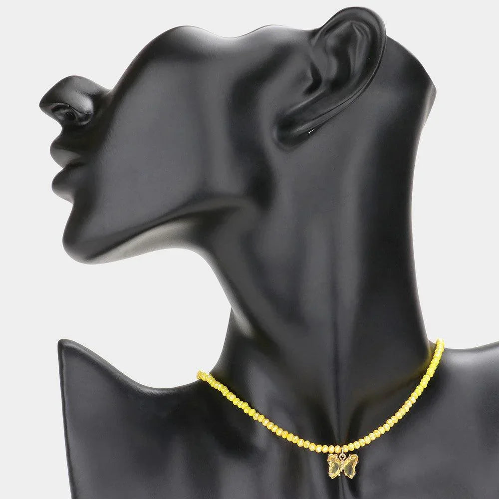 Yellow Butterfly Pendant Faceted Beaded Necklace - Jewelry Store by Erik Rayo