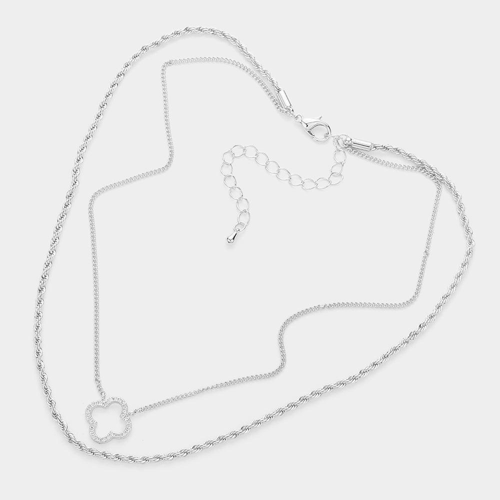 CZ Brass Metal Quatrefoil Pendant Double Layered Necklace - Jewelry Store by Erik Rayo