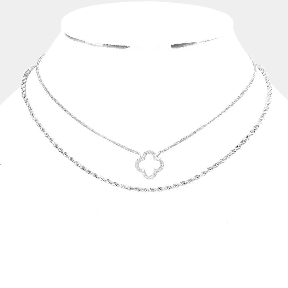 CZ Brass Metal Quatrefoil Pendant Double Layered Necklace - Jewelry Store by Erik Rayo