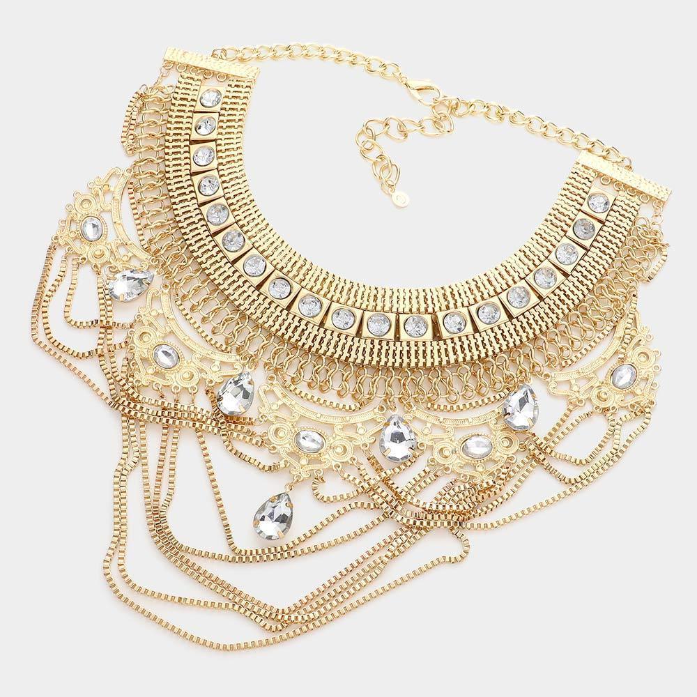 Gold Teardrop Stone Accented Draped Chain Statement Necklace - Jewelry Store by Erik Rayo