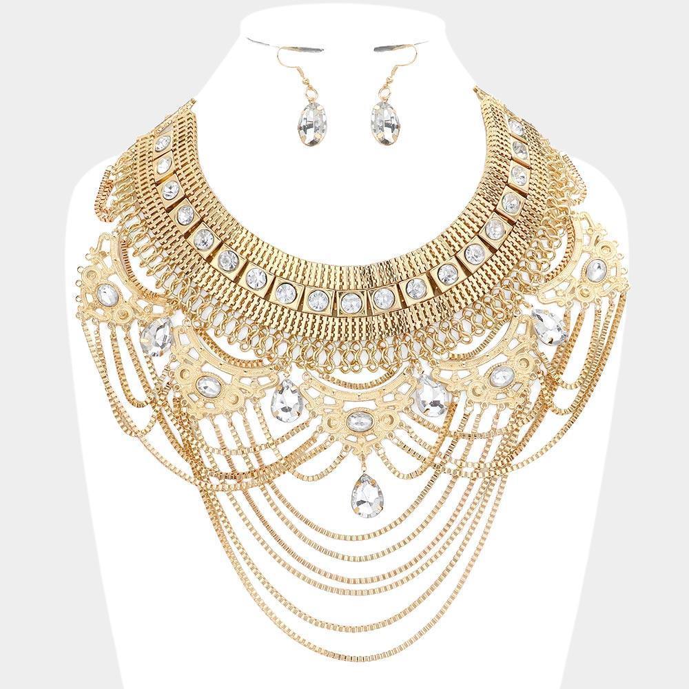 Gold Teardrop Stone Accented Draped Chain Statement Necklace - Jewelry Store by Erik Rayo