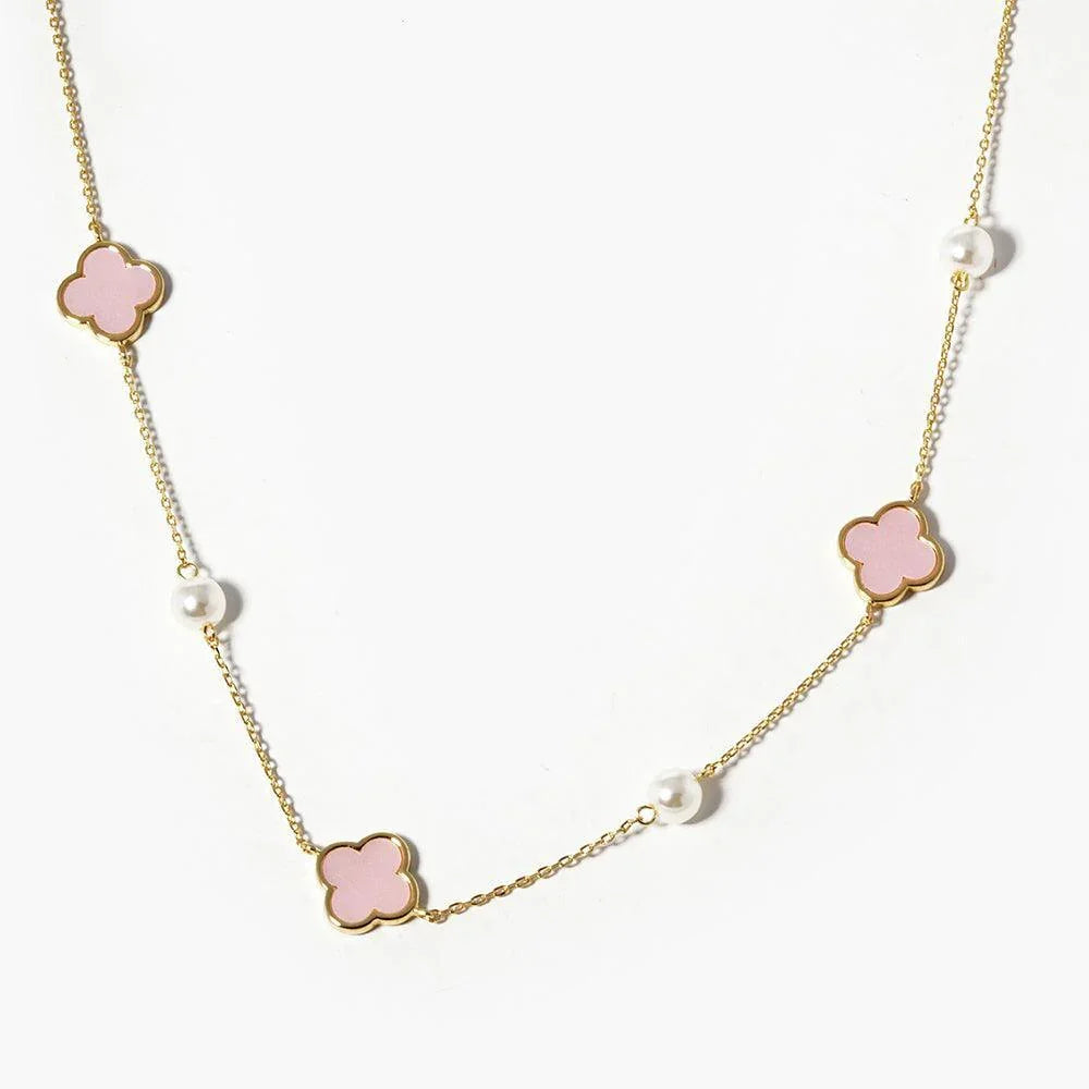 Pink White Gold Dipped Mother of Pearl Quatrefoil Station Necklace - Jewelry Store by Erik Rayo