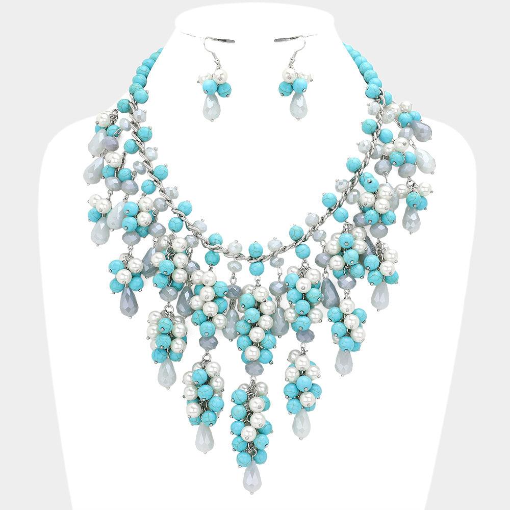 Turquoise Turquoise Pearl Bubble Fringe Bib Necklace