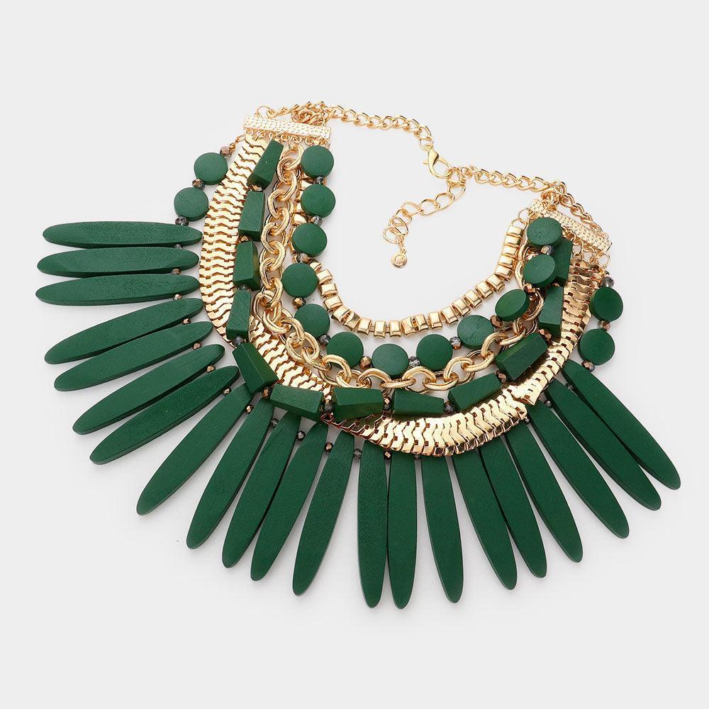 Green Wooden Spike Accented Metal Chain Layered Bib Necklace - Jewelry Store by Erik Rayo