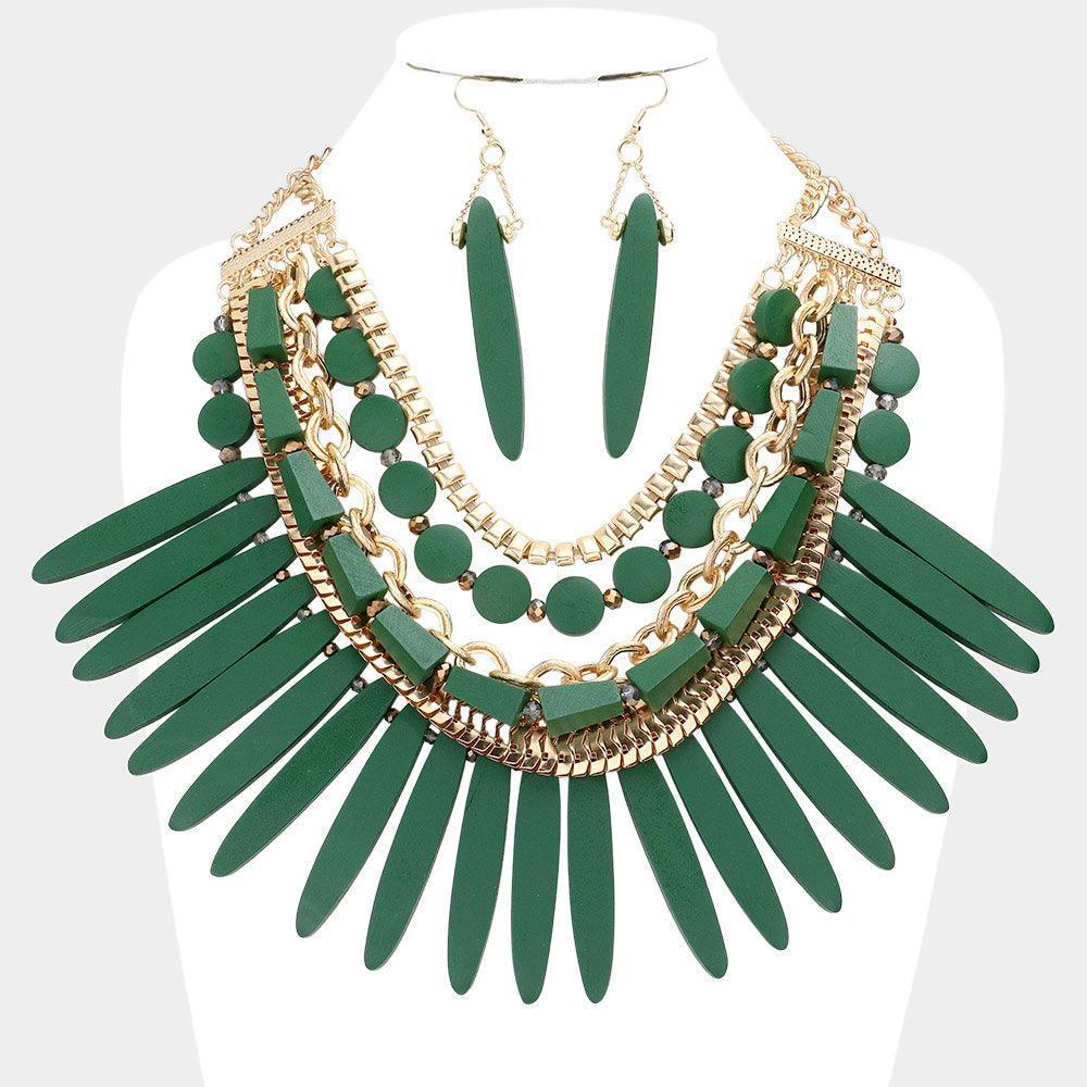 Green Wooden Spike Accented Metal Chain Layered Bib Necklace - Jewelry Store by Erik Rayo