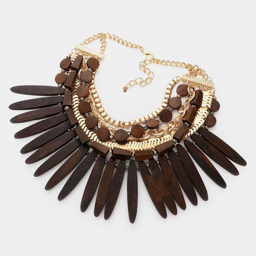 Gold Wooden Spike Accented Metal Chain Layered Bib Necklace - Jewelry Store by Erik Rayo
