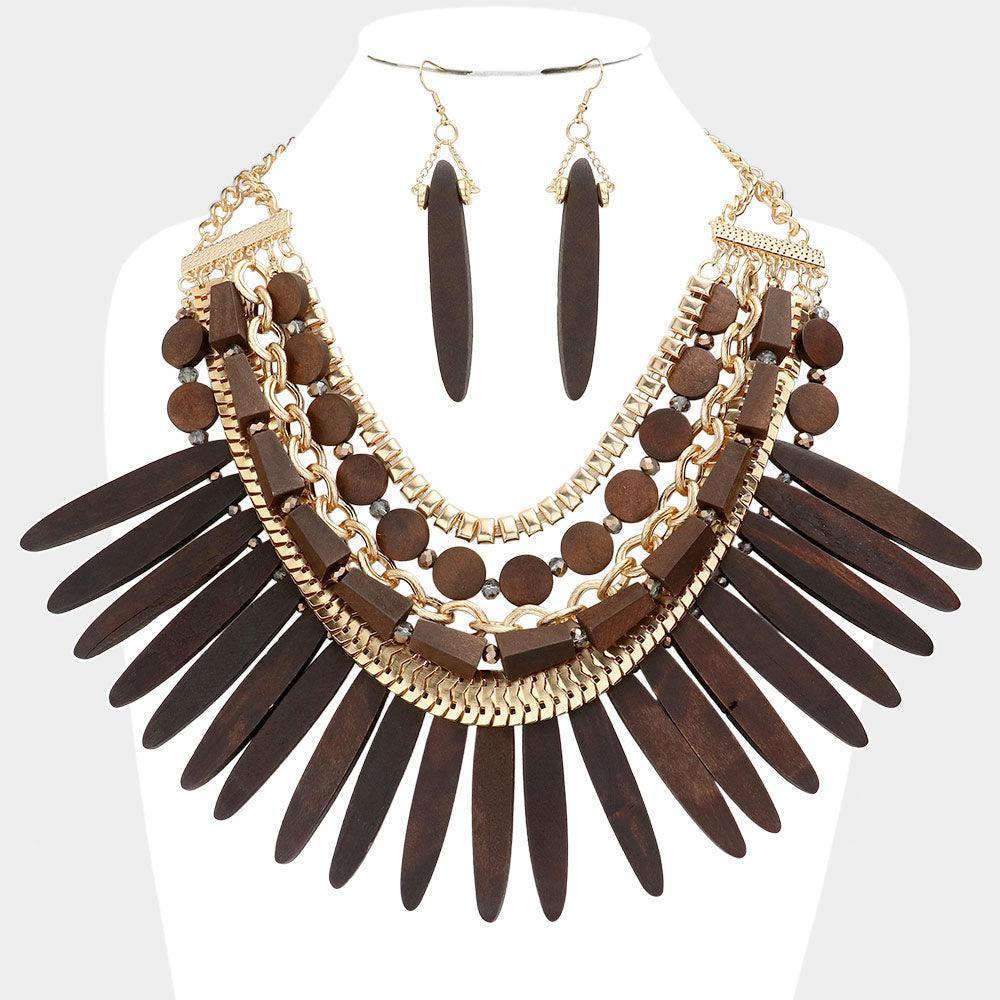 Gold Wooden Spike Accented Metal Chain Layered Bib Necklace - Jewelry Store by Erik Rayo
